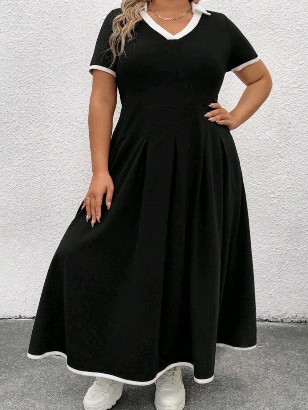 Plus-Size Black Maxi Dress with White Trim - Collared V-Neck